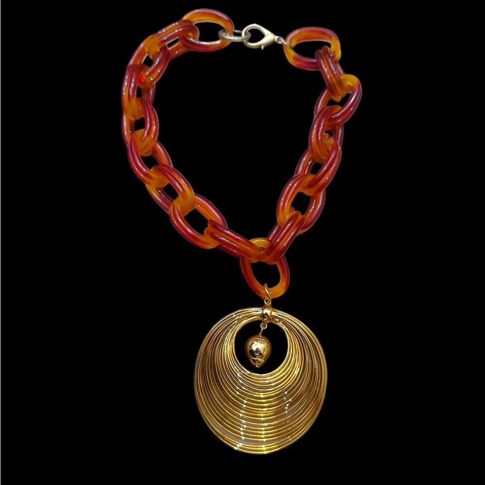 Vintage Amber Colored Chainlink Necklace with Gold Tome Statement Pendant